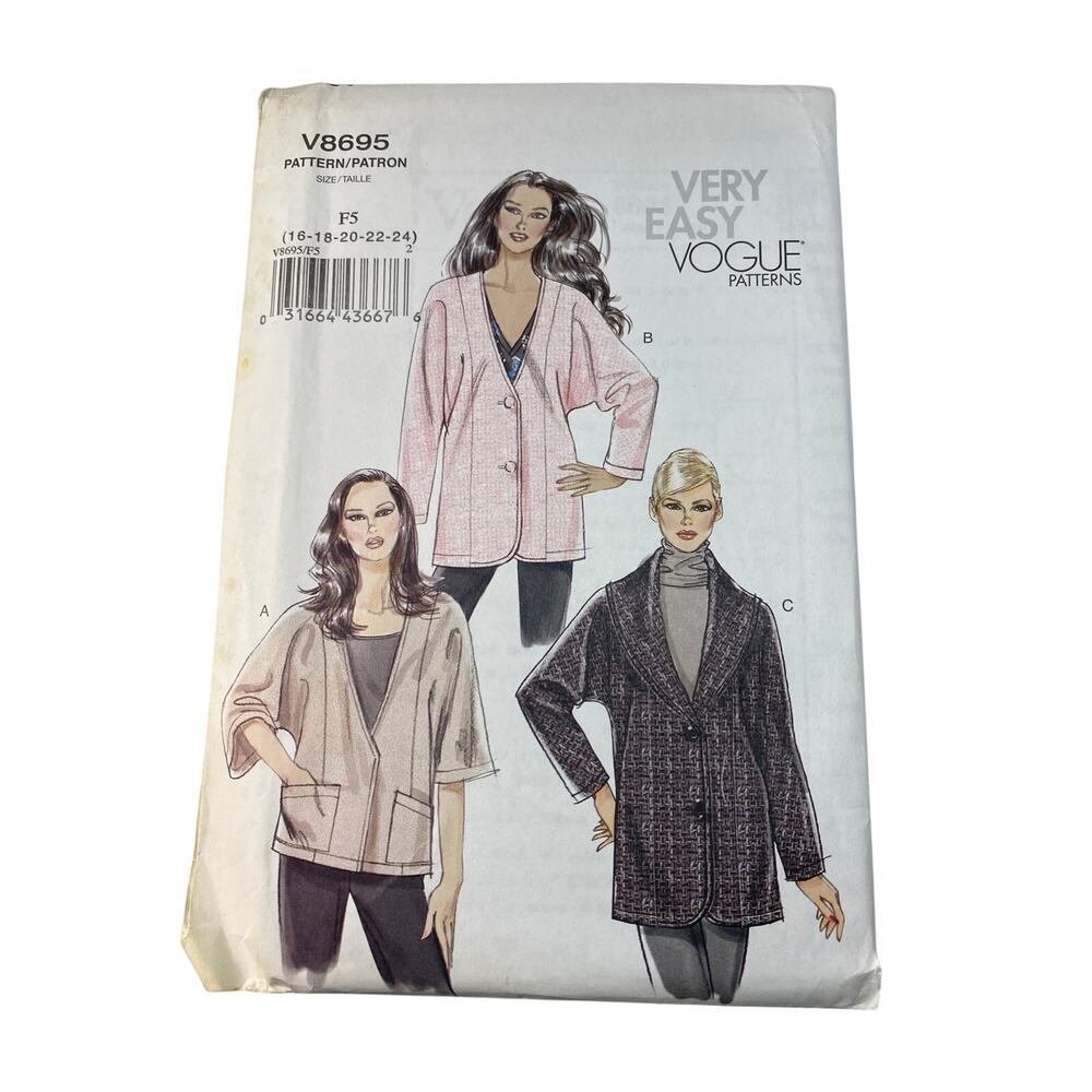 Vogue V8695 Plus Size Jacket Pattern Kimono Sleeve 16-24 UC FF OOP Rare Size F5